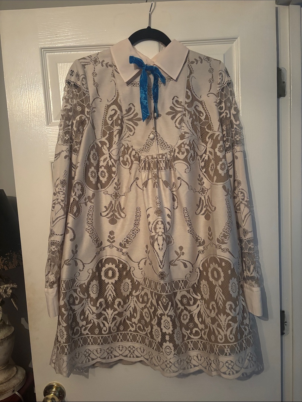 Lace Cream and Brown Patterned Dress with Blue Ribbon